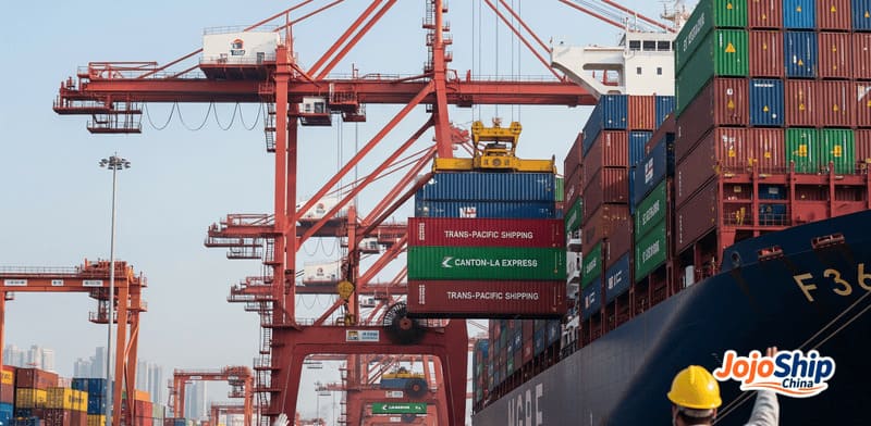 Container ship loading at Chinese port bound for USA