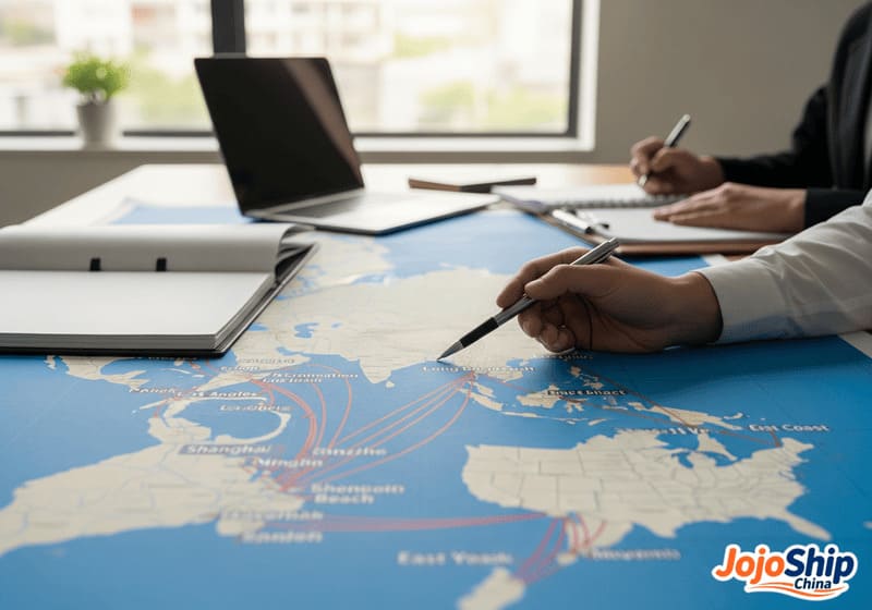 Map showing shipping routes from China to USA