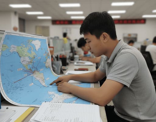 Map showing shipping routes from China to USA with transit times