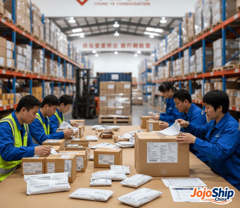 Workers consolidating multiple shipments in a Chinese warehouse